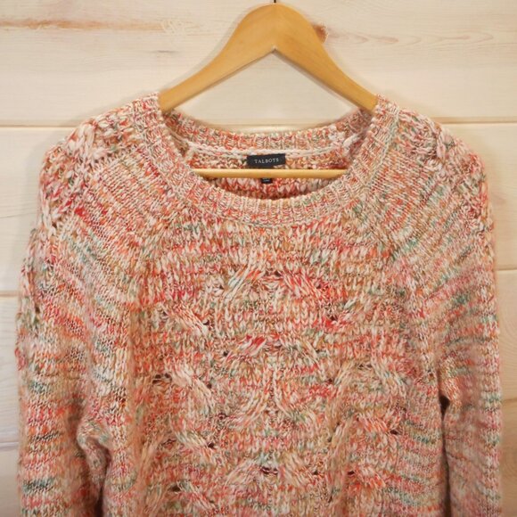 Talbots Womens L Chunky Knit Sweater Cream Orange Green Wool Blend Cozy Pullover - Picture 2 of 11